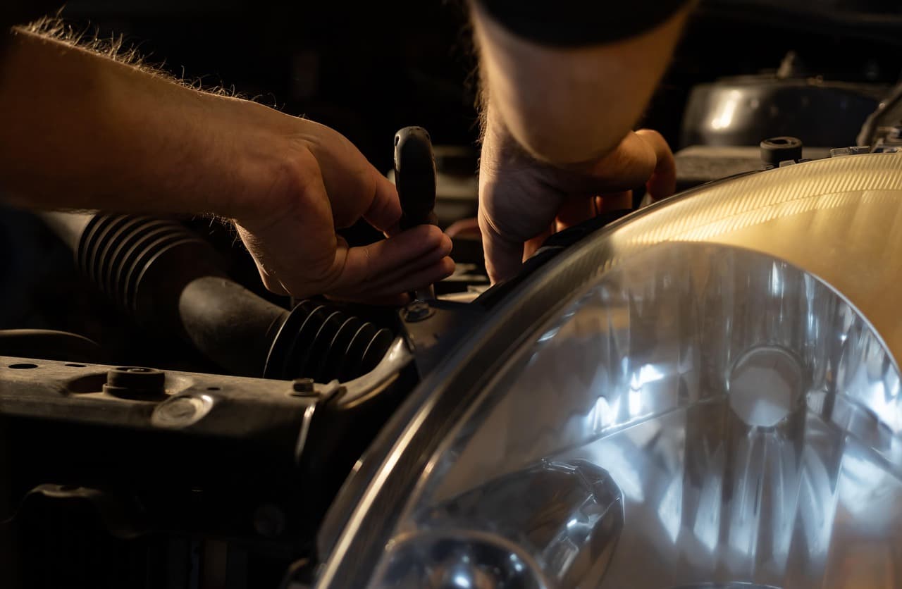 Mechanic fitting engine parts with a spanner